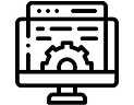 black and white icon for computer with gear in middle