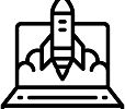 black and white icon of rocket launching off a computer 
