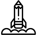 black and white icon of a pencil rocket for testing and launch