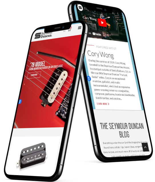 photo of two iphones with images of seymour duncan website for testimonial