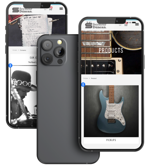 photo of three iphones with seymour duncan website being shown on testimonial