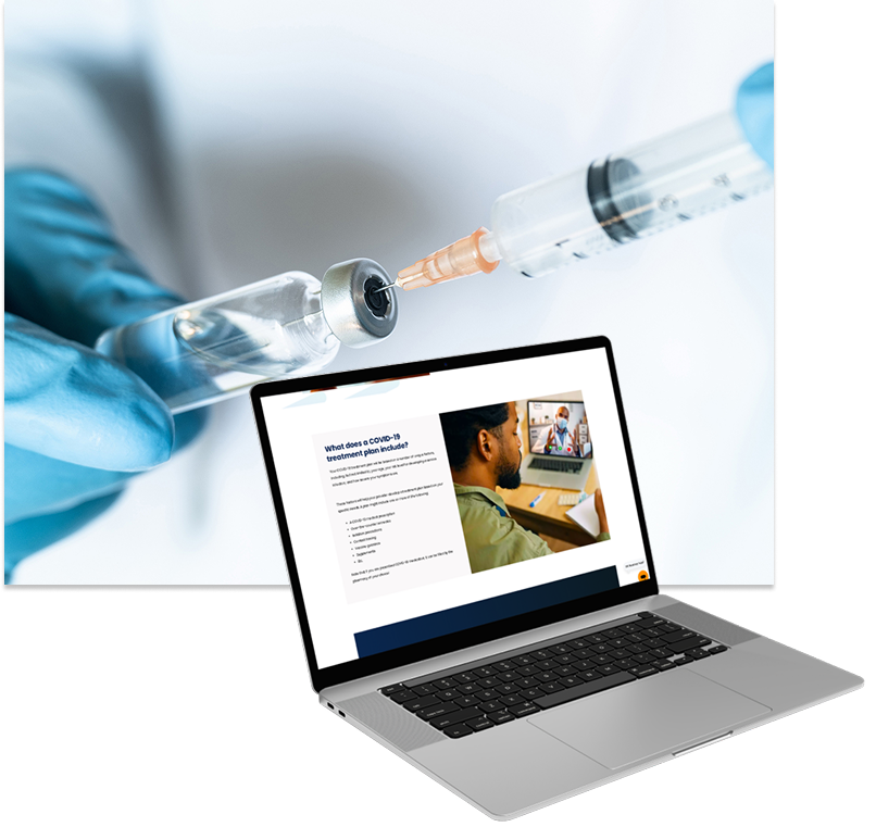 photo of laptop with covidclinic.org in front of a photo of medical lab syringe