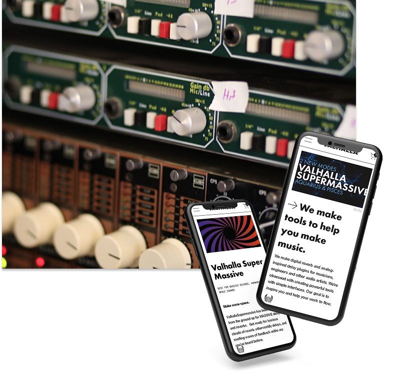 image of valhalla phones showing website and image behind it showing music audio dials